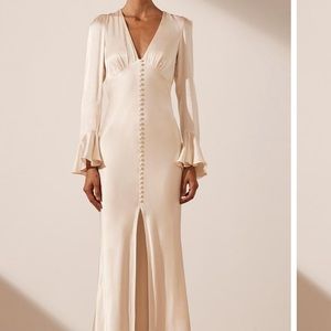 LA LUNE FRILL CUFF BIAS MIDI DRESS - CREAM
